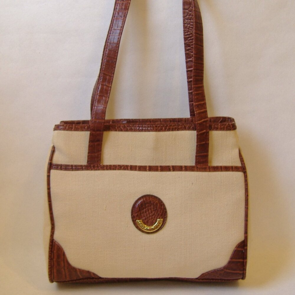 Linea Nuova Purse Brown Faux Leather Beige Fabric Handbag Tote Double Handles